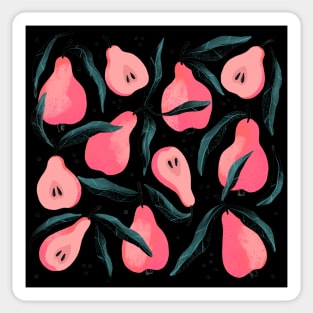 Pretty blush pink pear pattern with leaves on black background. Sticker